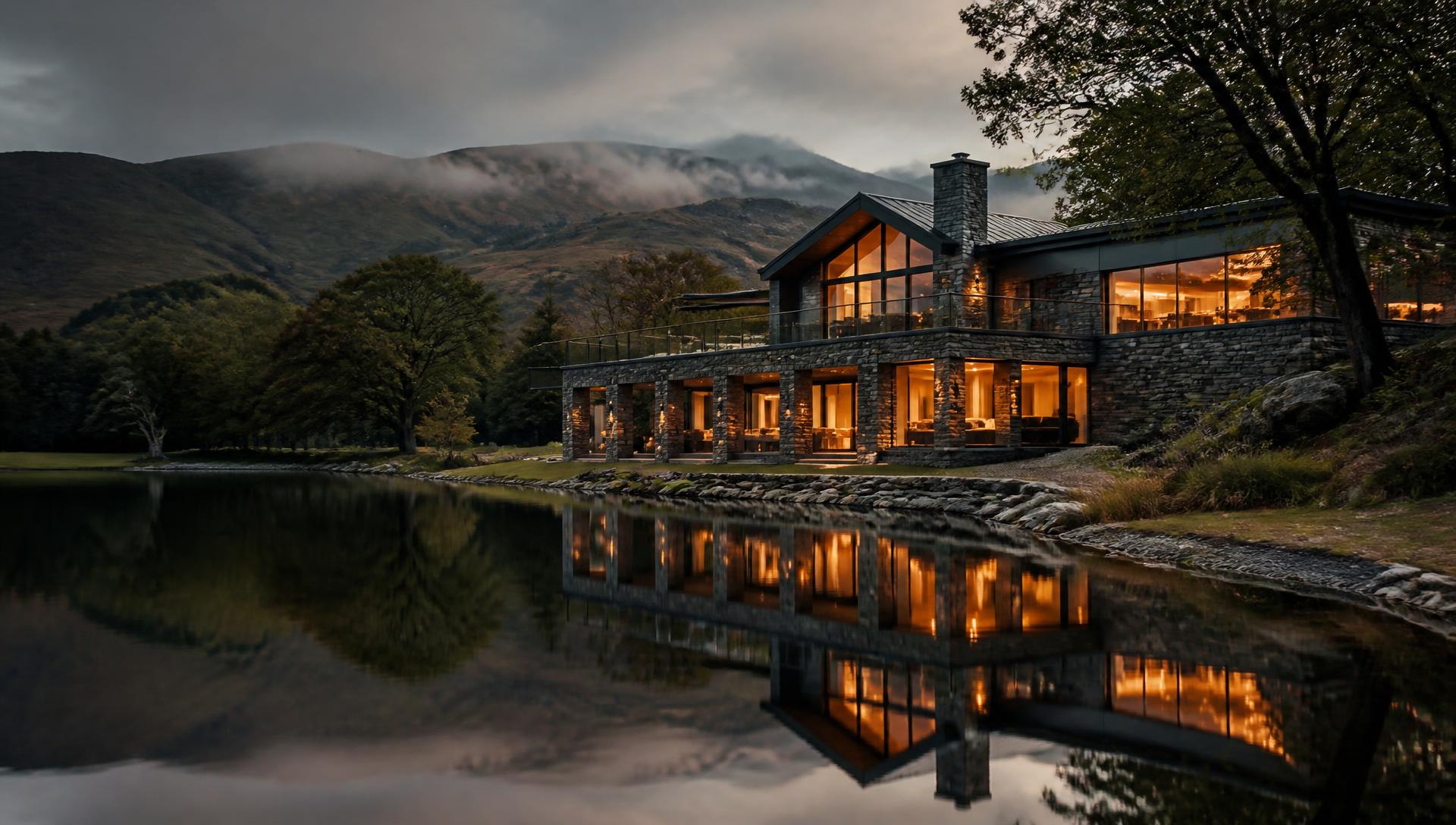 A luxury lakeside house in the Lake District glowing at dusk beneath the fells
